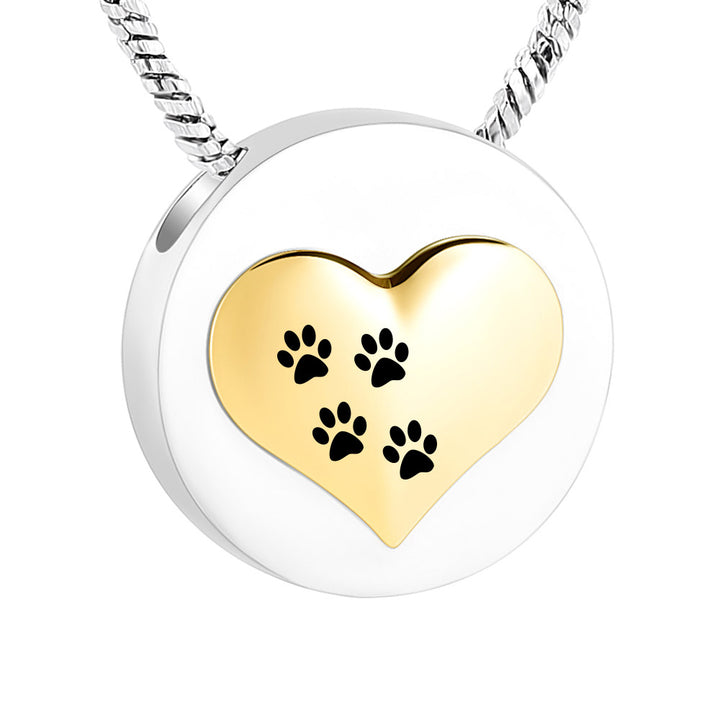 Pet paw print round golden heart shape stainless steel ashes memorial pendant jewelry necklace