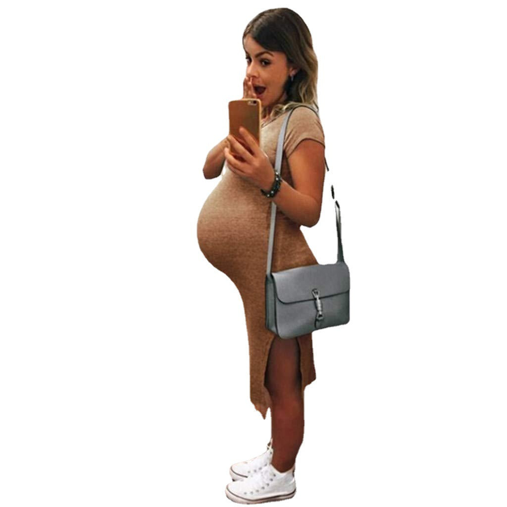 Foreign Trade New Amazon AliExpress European And American Pregnant Women Mid Length Slit Skirt Knitted Dress