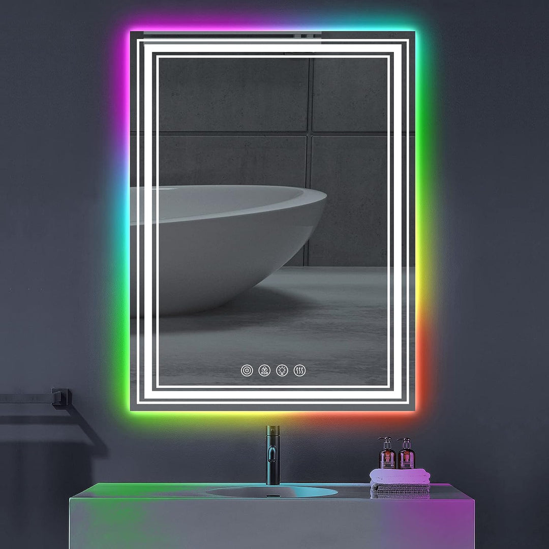 20x28 Inch Anti-Fog Smart Touch Mirror RGB LED Bathroom Mirror With Backlit Color Changing And 3 Front Lighting