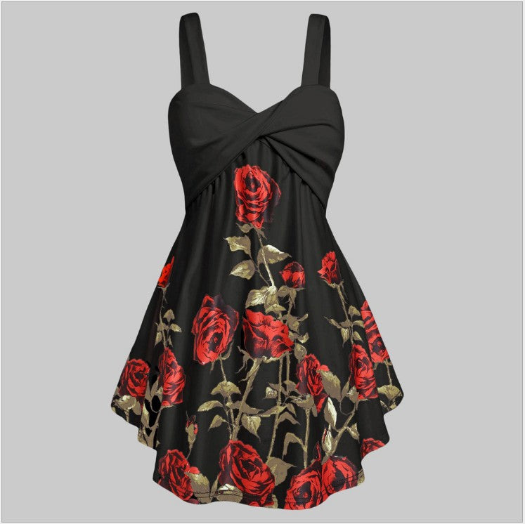 V-neck Cross-knot High-waisted Large-swing Mid-to-large Dress