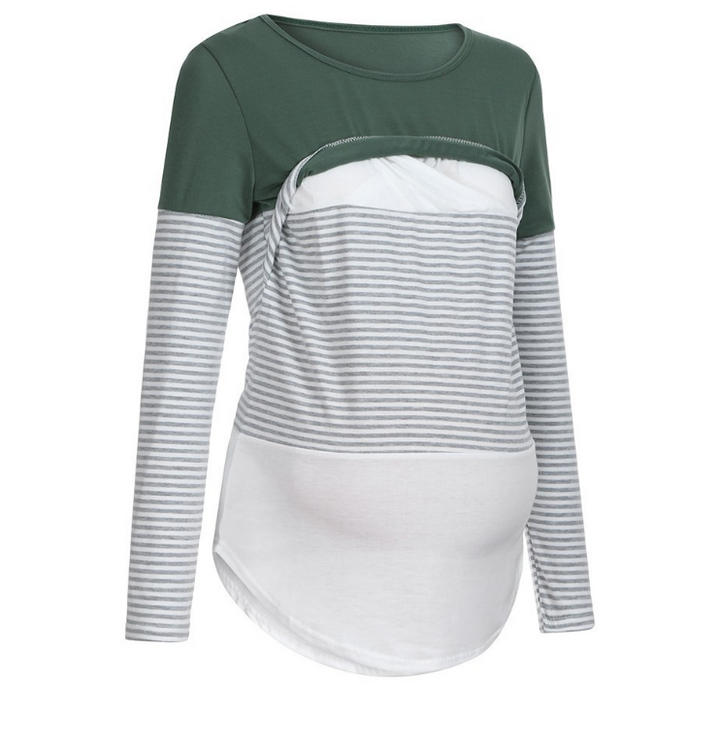 Striped stitching long sleeve pregnant women breastfeeding top T-shirt