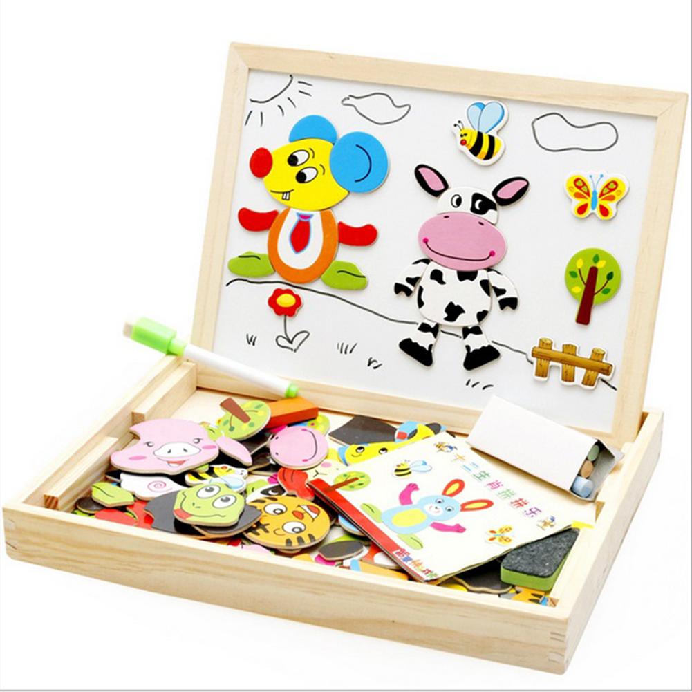 Wooden Magnetic Puzzle Toys Children 3D Puzzle Box Figure Animals Circus Writing Drawing Board Learning Education Toys For Kids