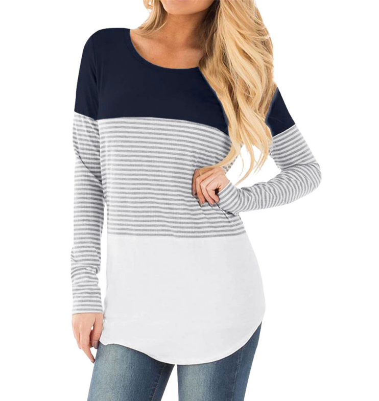 Striped stitching long sleeve pregnant women breastfeeding top T-shirt