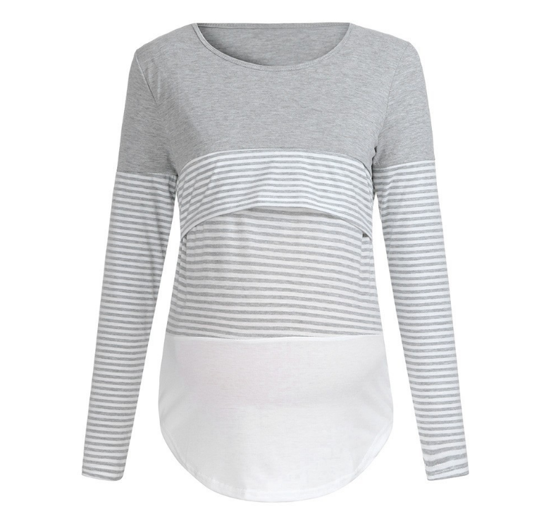 Striped stitching long sleeve pregnant women breastfeeding top T-shirt
