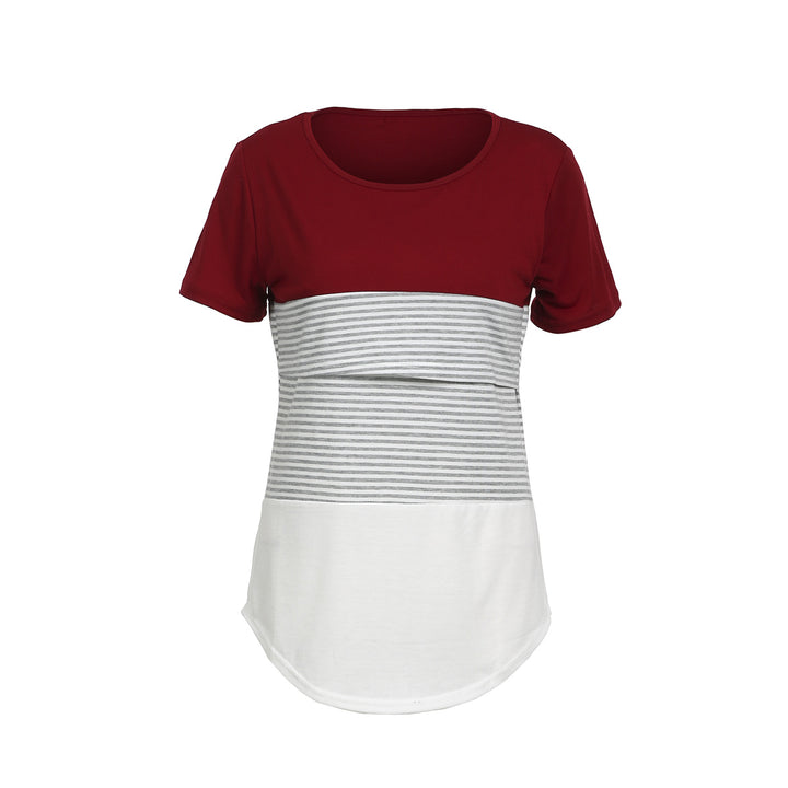 Europe and America Striped Stitching Short Sleeve Breastfeeding T-shirt for Pregnant Women