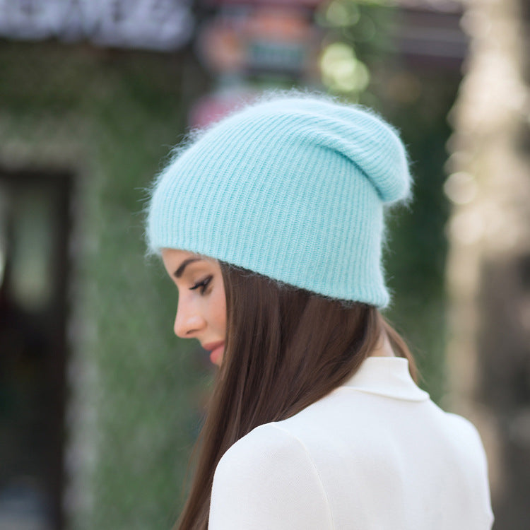Autumn And Winter Unisex Warm Hood Long Rabbit Fur Wild Pure Color Knitted Hat Fashion Casual Ear Protection Cap