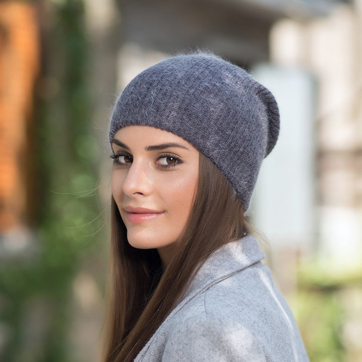 Autumn And Winter Unisex Warm Hood Long Rabbit Fur Wild Pure Color Knitted Hat Fashion Casual Ear Protection Cap