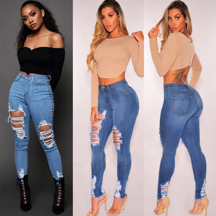 Women's Cotton Elastic Ripped Elastic Foot Pants