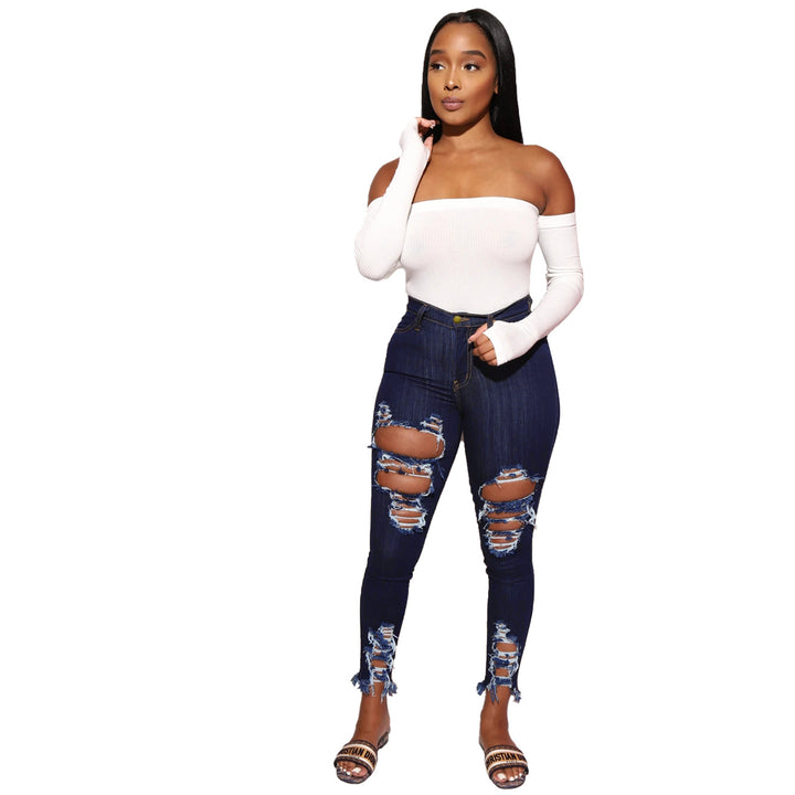 Women's Cotton Elastic Ripped Elastic Foot Pants
