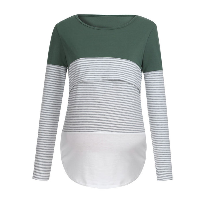 Striped stitching long sleeve pregnant women breastfeeding top T-shirt