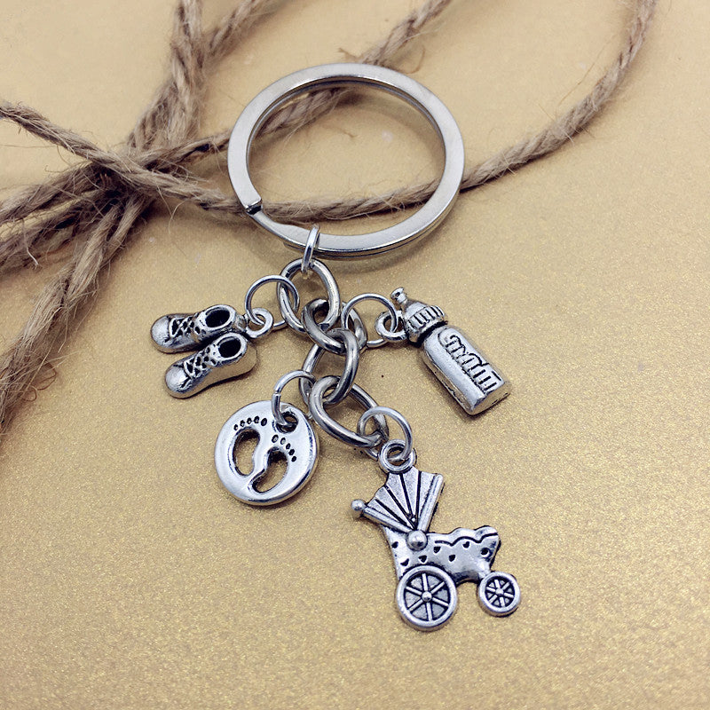 Stroller Baby Bottle Footprint New Mother's Memorial Keychain