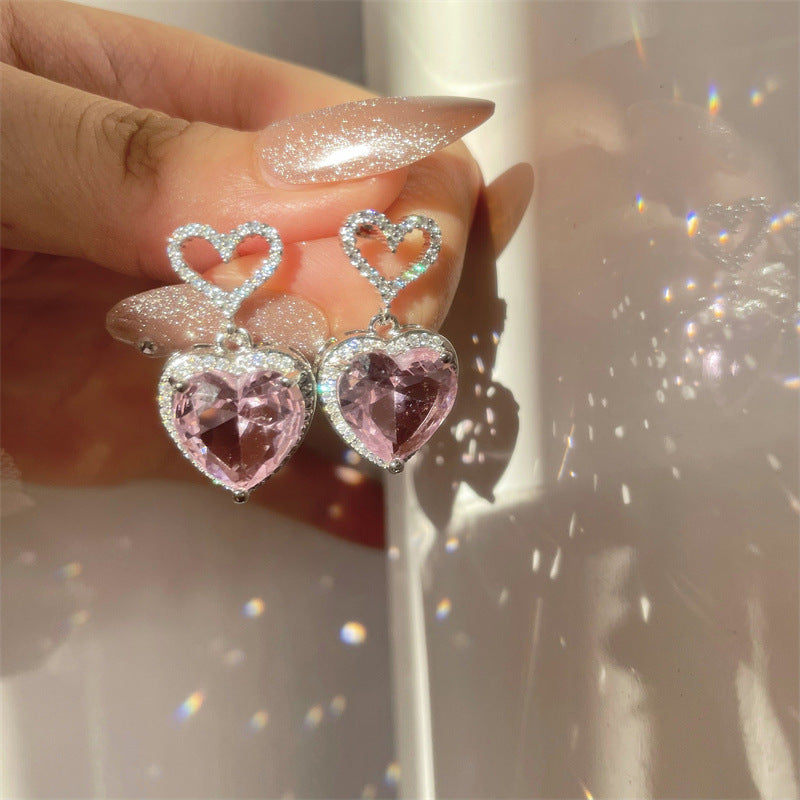 2023 New Light Luxury Premium Feeling Pink Crystal Heart Earrings For Women Girls Niche Design Earrings Birthday Jewellery Gift