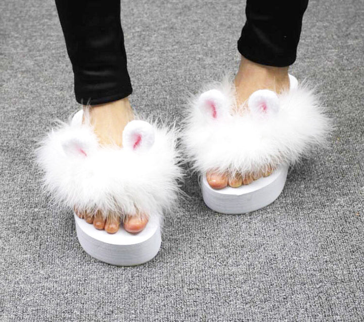 Hand-made Cute Rabbit Ears Fur Shoes Ostrich Fur Super Fairy Flip-flops Platform Shoes