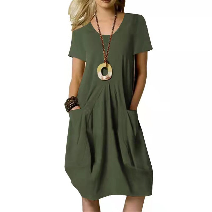 Women's Dress With Pockets Cotton Linen Solid Color Loose Round Neck Short Sleeve Dress Summer