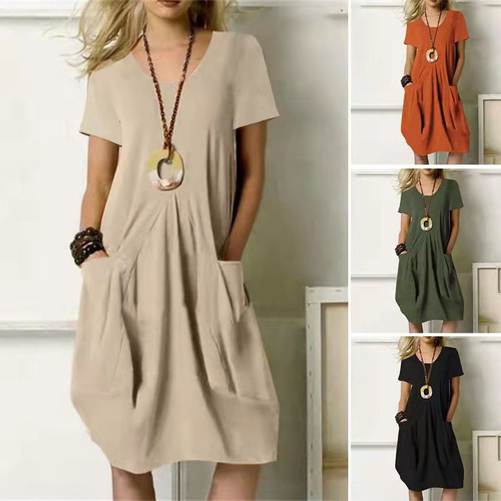 Women's Dress With Pockets Cotton Linen Solid Color Loose Round Neck Short Sleeve Dress Summer