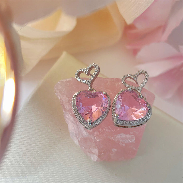 2023 New Light Luxury Premium Feeling Pink Crystal Heart Earrings For Women Girls Niche Design Earrings Birthday Jewellery Gift