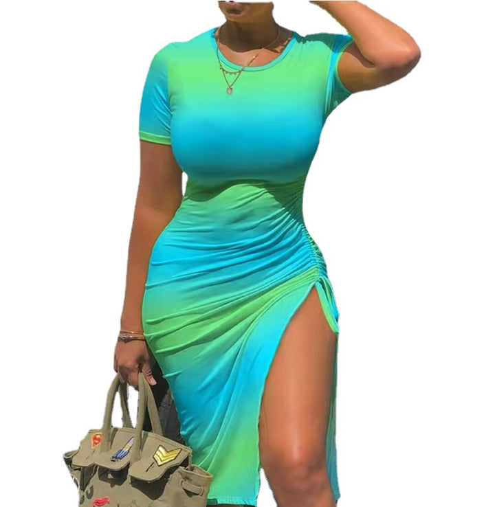 Printed Solid Color Short Sleeve Drawstring Dress