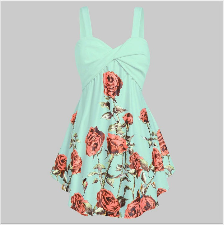 V-neck Cross-knot High-waisted Large-swing Mid-to-large Dress