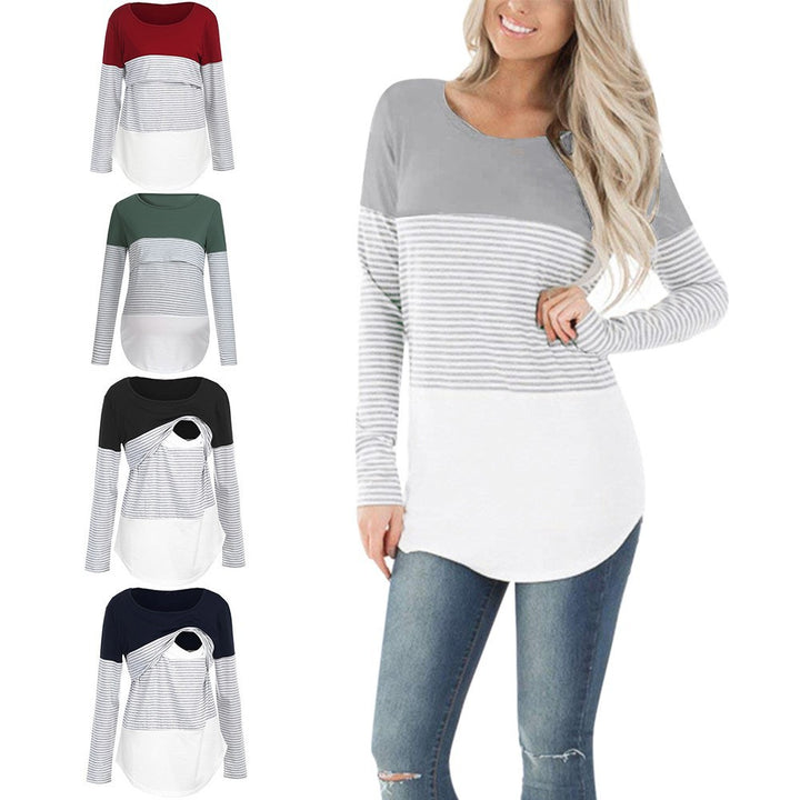 Striped stitching long sleeve pregnant women breastfeeding top T-shirt