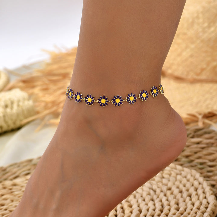 Oil Dripping Little Daisy Imitation Pearl Handmade String Flower Anklet