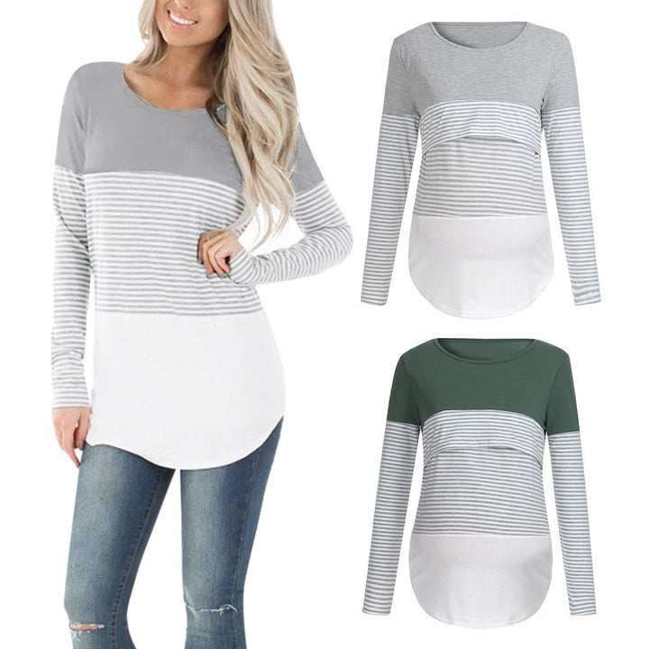 Striped stitching long sleeve pregnant women breastfeeding top T-shirt