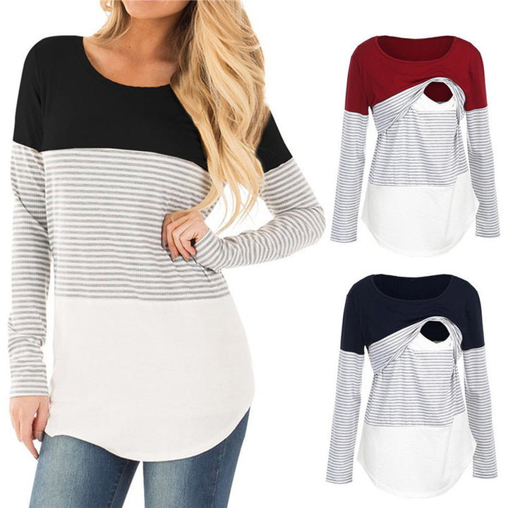 Striped stitching long sleeve pregnant women breastfeeding top T-shirt