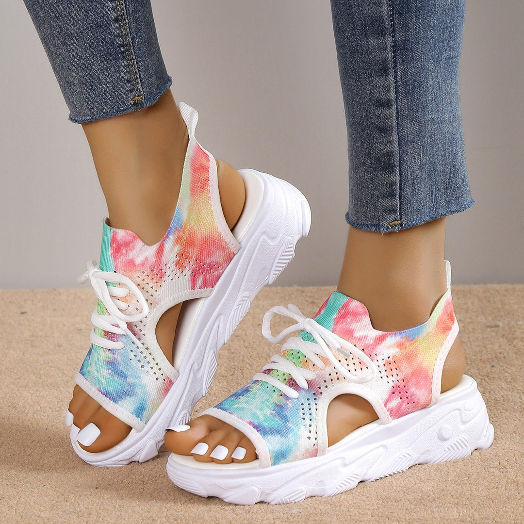 Print Lace-up Sports Sandals Summer Peep Toe Casual Mesh Shoes