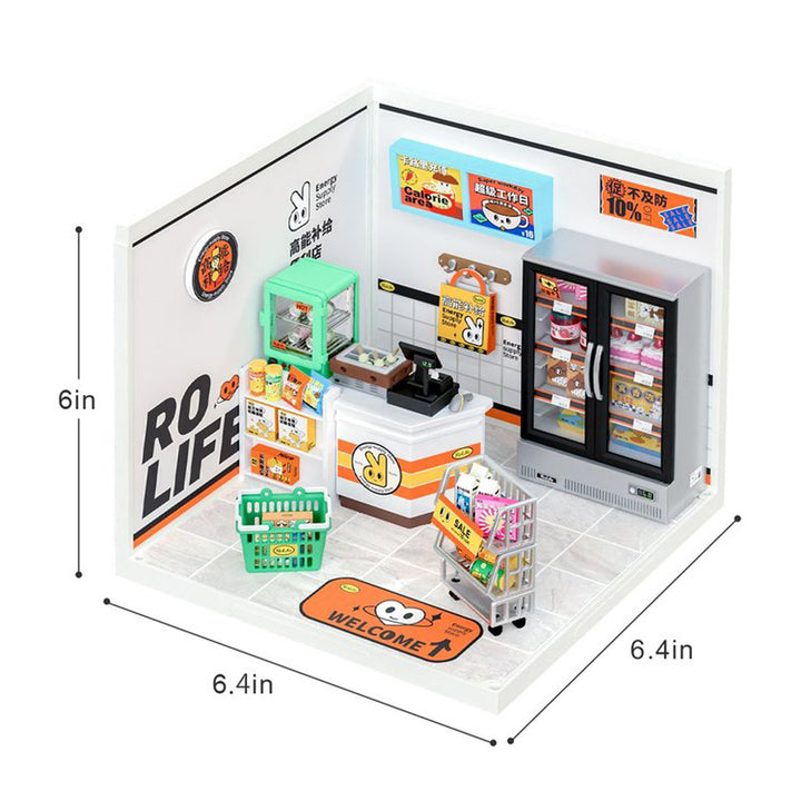 Robotime Rolife Super Creator Daily Plastic DIY Miniature House Cafe Energy Supply Store Building Block Sets English Version DW