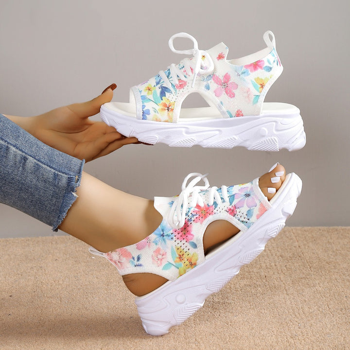Print Lace-up Sports Sandals Summer Peep Toe Casual Mesh Shoes
