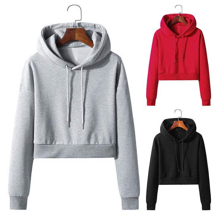 Cotton Hooded Pullover Short Sweater Exposed Navel