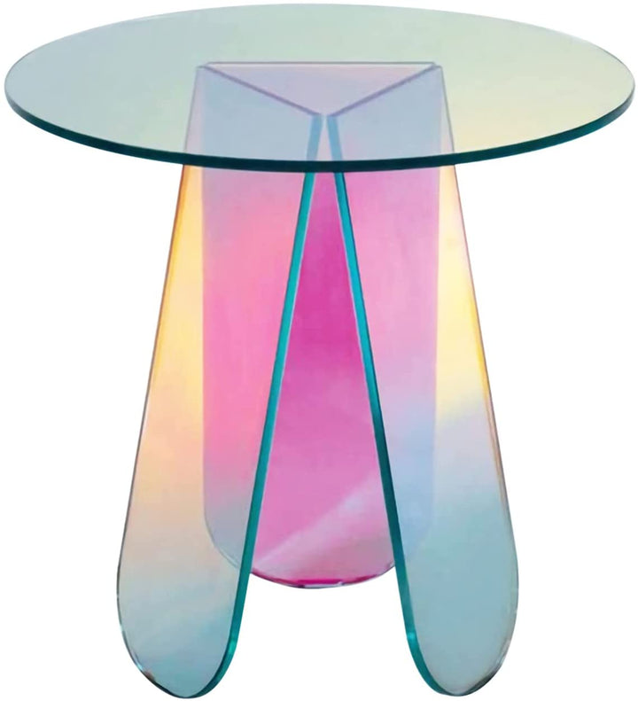 Acrylic Rainbow Color Coffee Table, Iridescent Glass End Table Round Side Table Modern Accent TV Table For Living Bed Room Decoration