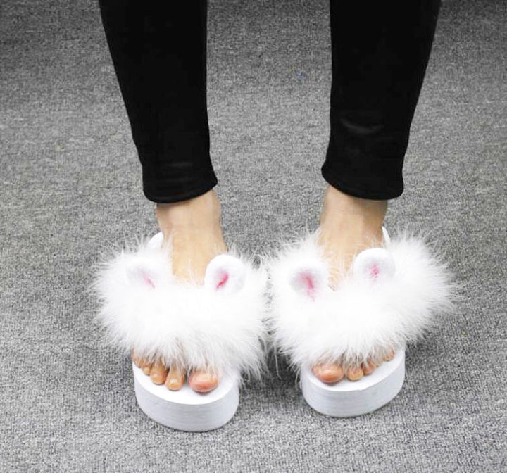 Hand-made Cute Rabbit Ears Fur Shoes Ostrich Fur Super Fairy Flip-flops Platform Shoes
