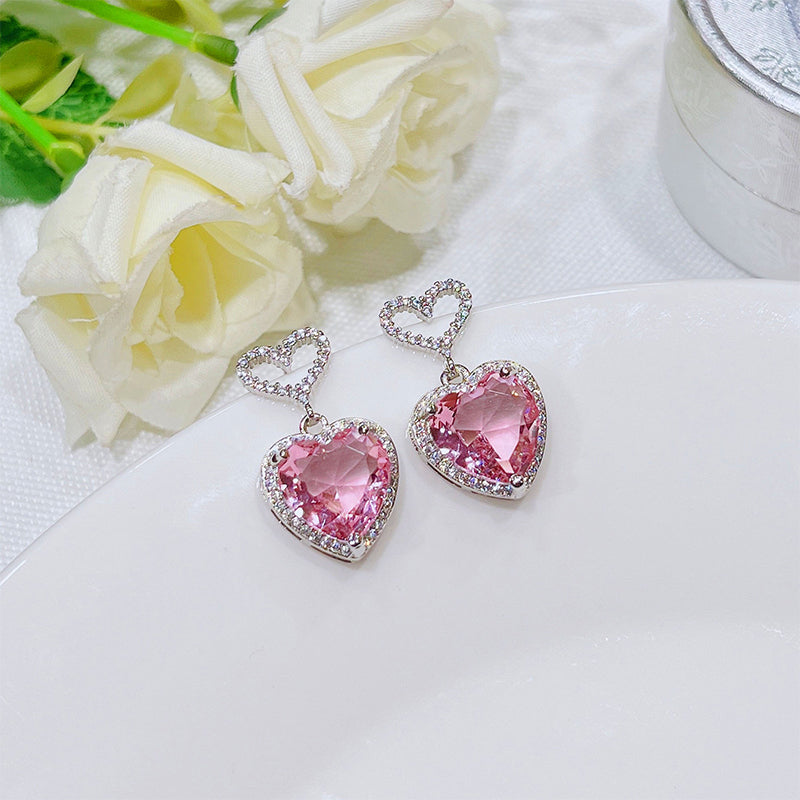 2023 New Light Luxury Premium Feeling Pink Crystal Heart Earrings For Women Girls Niche Design Earrings Birthday Jewellery Gift