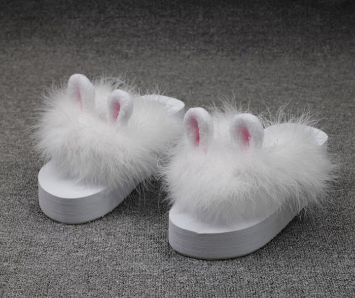 Hand-made Cute Rabbit Ears Fur Shoes Ostrich Fur Super Fairy Flip-flops Platform Shoes