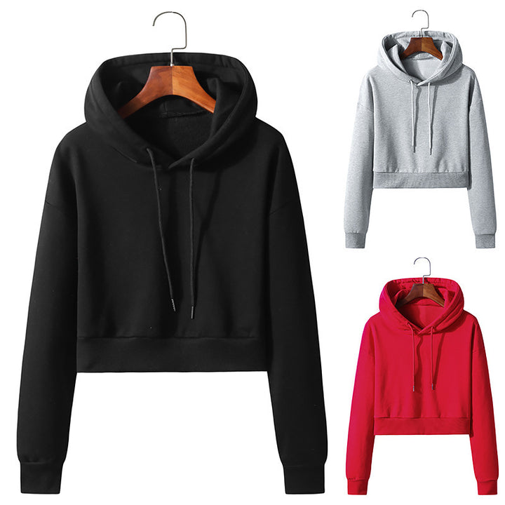Cotton Hooded Pullover Short Sweater Exposed Navel