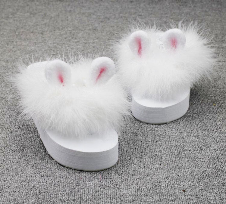 Hand-made Cute Rabbit Ears Fur Shoes Ostrich Fur Super Fairy Flip-flops Platform Shoes