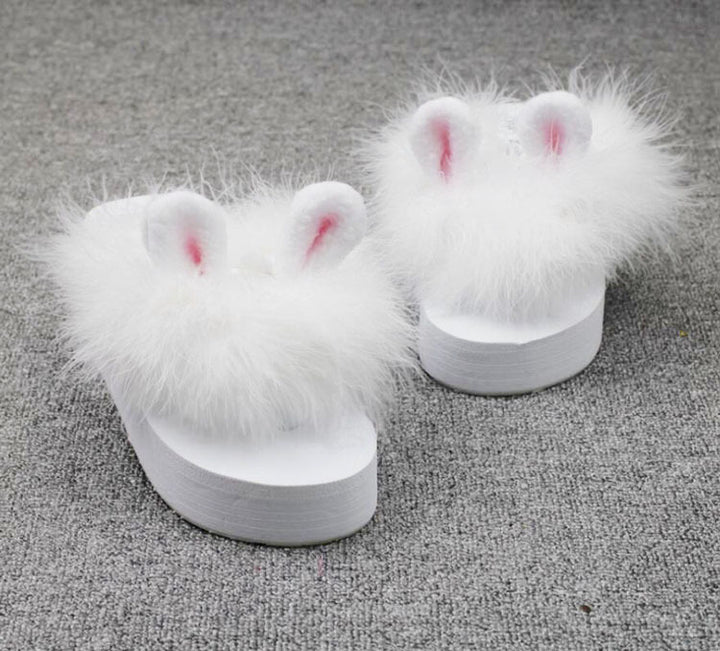 Hand-made Cute Rabbit Ears Fur Shoes Ostrich Fur Super Fairy Flip-flops Platform Shoes