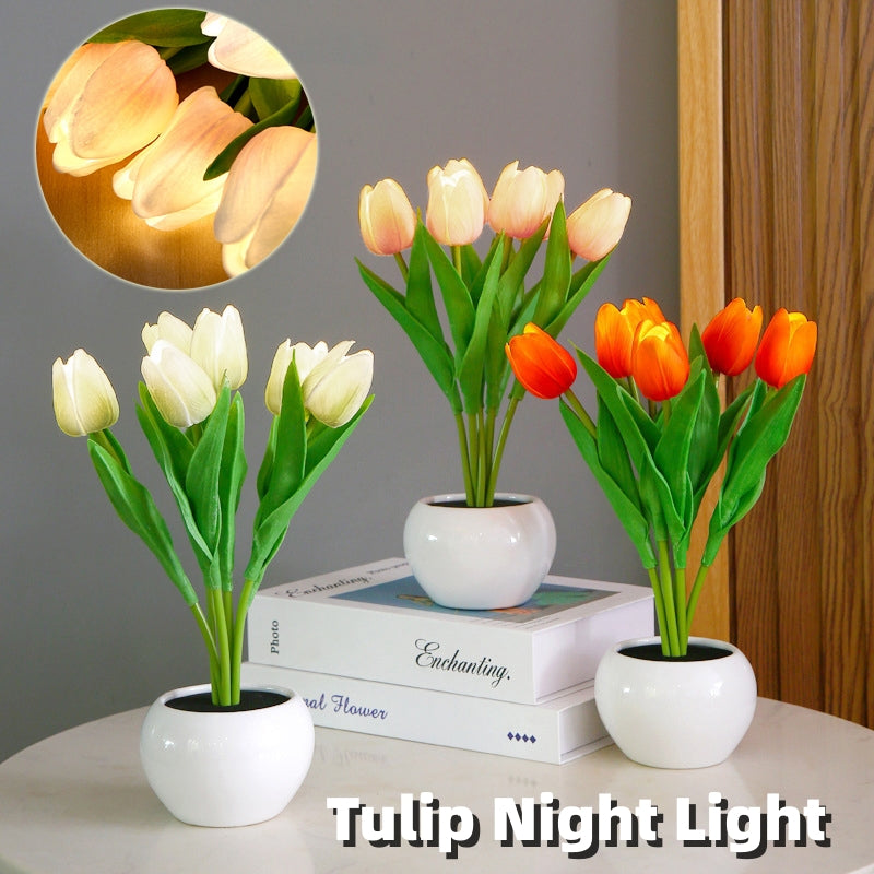 LED Tulip Flower Night Light Artificial Flowerpot Potted Plant Landscape Table Lamp Home Bedroom Living Room Decoration Gift
